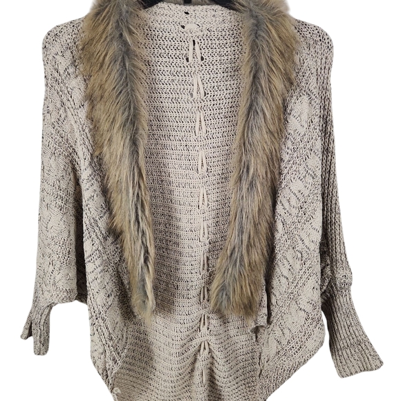 Military Hippie Sweaters - NWOT, Military Hippie, Taupe Open Wrap Cardigan, Faux Fir trim, lace up back, OS